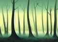 abstract cartoon style illustration of misty foggy forest created with generative ai technology