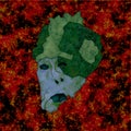 Abstract cartoon weird fantasy man head 2. Reminds snail. Dark, red, green and blue.