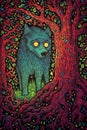 Abstract cartoon wolf in the woods artwork. Optical illusion psychedelic animal. Neon trippy art.