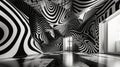An abstract ceiling in black and white with geometric shapes, styled with emotive distortions, layered landscapes,