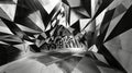 An abstract ceiling with black and white geometric shapes, styled with emotive distortions, layered landscapes, and