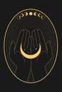 Abstract celestial emblem with human hands holding crescent and stars Royalty Free Stock Photo