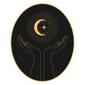 Abstract celestial emblem with human hands holding shining crescent and star Royalty Free Stock Photo