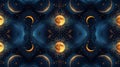 Abstract celestial pattern with moons, stars, and swirling clouds in a kaleidoscopic design