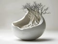 abstract ceramic bowl, white, intricate design, tree roots, organic form Royalty Free Stock Photo