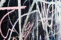 Abstract chalk scribbles in pink, blue and light yellow on blackboard
