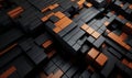 Abstract of chaotic black and orange cubes background. Reflective surface pattern. Royalty Free Stock Photo