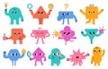 Abstract characters. Geometric comic creature emotions. Funny face business team avatar with magnifier, light bulb and