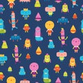 Abstract characters vector seamless pattern on blue background