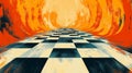 Abstract Checkerboard Path Leading to Fiery Orange Tunnel Royalty Free Stock Photo