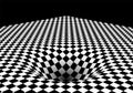 Abstract checkered board background with round pit or hole and corner. Surreal illustration.