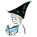 Abstract child in hat with stars reading a book. The magic of reading. Self-education, first kids books. Boy reads fairy tales
