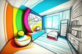 abstract child room pencil sketch with bold lines and vibrant colors