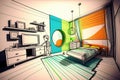 abstract child room pencil sketch with bold lines and vibrant colors