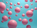 abstract childish Impressive 3d rendering rosy and different size spheres turning around and flying in air in light blue