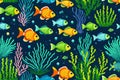 abstract childish Underwater background with Fish and algae. Pixel art Royalty Free Stock Photo