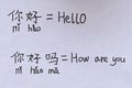 Closeup of paper handwritings homework in both Chinese with pinyin and English characters of Hello and How are you
