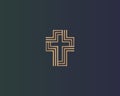 Abstract Christian linear gold gradient cross logo isolated on a dark background. Universal vector church religion faith sign