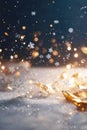 Abstract Christmas background with color mixing sparkling gold confetti. Winter blurred texture with snow and bokeh lights Royalty Free Stock Photo