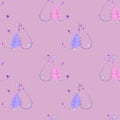 Abstract Christmas background, winter spruce continuous one line drawing, snowflakes, stars, dots, spots in trending colors purple Royalty Free Stock Photo