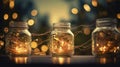 Abstract Christmas Card With Defocused Vintage Effects - String light With Trees In Glass Jars Decoration, Glitter vintage lights