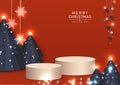 Abstract Christmas day backdrop.Circle stage podium decor with trees, snowflakes, ball, stars is hanging,light on a red background Royalty Free Stock Photo