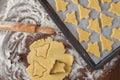 Abstract Christmas food background with cookies molds and flour