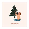 Abstract christmas greeting card with boy kid sitting near xmas tree Royalty Free Stock Photo