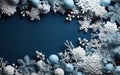 Abstract Christmas holiday frame. Cold Blue winter background with snowflakes and snow. Celebrate greeting card Royalty Free Stock Photo