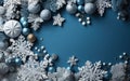 Abstract Christmas holiday frame. Cold Blue winter background with snowflakes and snow. Celebrate greeting card Royalty Free Stock Photo