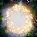Abstract Christmas Holiday Light garland and Christmas Tree Decoration on White Background; Banner frame backdrop picture Royalty Free Stock Photo