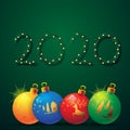 Abstract 2020 of Christmas tree branches and glass balls lights on isolated background. Vector image