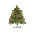 Abstract Christmas tree made of set vegetables. Vegetarian Christmas tree. Hand drawn illustration - vector
