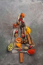 Abstract Christmas tree made of various spices in spoons on a dark rustic background. Top view, flat lay, copy space Royalty Free Stock Photo