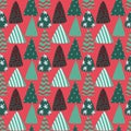 Abstract Christmas tree seamless pattern with snowflackes, stripes and dots. Vector illustration on pink background. Royalty Free Stock Photo