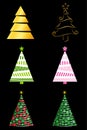 Abstract christmas tree set. Golden, decorative and glowing fir tree for xmas. Vector illustration isolated on black background. Royalty Free Stock Photo