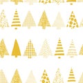 Abstract christmas trees in a row vector seamless pattern. Geometric Christmas tree silhouettes gold on a white background. Royalty Free Stock Photo