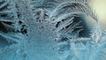 Abstract Christmas wallpaper. Ice crystals on frozen window glass. Frost drawing. Dark blue tinted background similar to moonlit