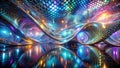 Abstract chromatic waves reflecting in a polished surface, a futuristic architectural design with hexagonal patterns and vibrant Royalty Free Stock Photo