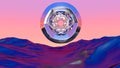 Abstract chrome shape over blue landscape in vaporwave sunset. Background with mysterious surreal shiny object. 3D