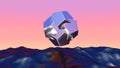 Abstract chrome shape over blue landscape in vaporwave sunset. Background with mysterious surreal shiny object. 3D
