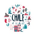 Abstract circle design with landmarks and symbols of Chile and Easter island