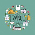 Abstract circle design with landmarks and symbols of France