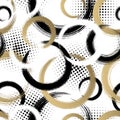 Abstract circle seamless pattern. Repeating gold grunge backdrop. Random circles. Background golden round. Geometric texture. Repe