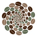 Abstract circle shape of multicolored coffee beans moving in a spiral in trendy brown and green