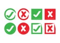 Abstract circle and square brushed check mark and crossed X mark boxes icons set