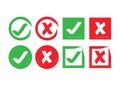 Abstract circle and square brushed check mark and crossed X mark boxes icons set