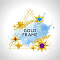 Abstract frame vector celebration background with blue watercolor golden stars and place for text Royalty Free Stock Photo