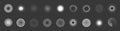 Abstract circles with dots texture. White round dotted frames set isolated on black background. Spotted spray or brush. Vector