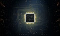 Abstract circuit background with glowing gold lines, microchip. Digital connection points illustrate AI data, electronic processor Royalty Free Stock Photo